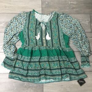 NWT Peasant Tie Neck Smocked Cuff Top L(12-14) Blue Green Boho Hippie